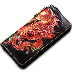 Handmade Leather Tooled Carp Mens Biker Chain Wallets Cool Leather Wallet Long Chain Wallets for Men