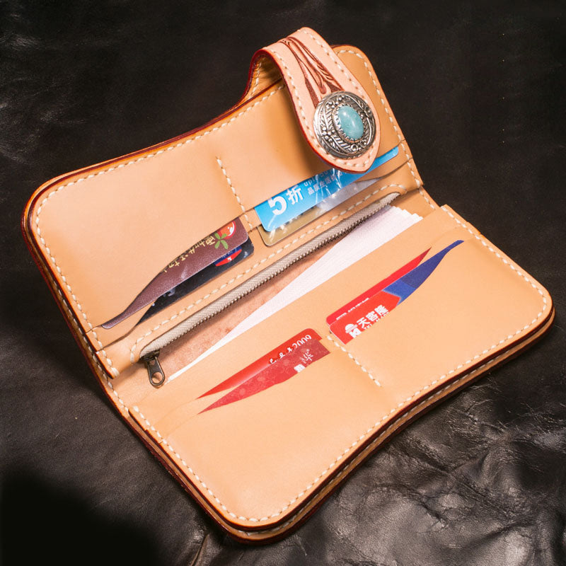Handmade leather biker wallet floral carved chian bifold Long wallet purse for men - EverHandmade