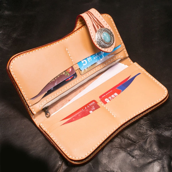 Handmade leather biker wallet floral carved chian bifold Long wallet purse for men - EverHandmade