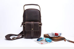 Genuine Leather Mens Cool Chest Bag Sling Bag Coffee One shoulder Backpack for men