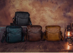 Blue Mens Leather Vintage Vertical Small Messenger Bags Small Side Bag Brown Courier Bag for Men