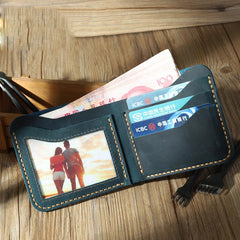 Handmade Slim Black Leather Mens Billfold Wallet Personalize Bifold Small Wallets for Men