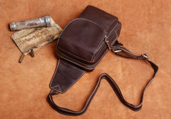 Genuine Leather Mens Cool Chest Bag Brown Sling Bag One Shoulder Backpack for men