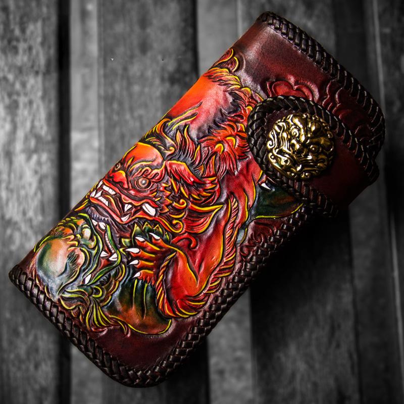 Handmade Leather Chinese Lion Mens Chain Biker Wallet Cool Leather Wallet with Chain Wallets for Men