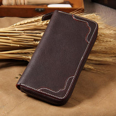 Handmade Leather Mens Long Clutch Wallet Vintage Zipper Wallet for Men
