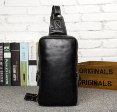 Cool Black Leather Mens Cool Sling Bag Black Crossbody Pack Chest Bag for men