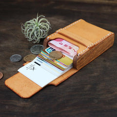 Handmade Cool Wooden Brown Leather Mens Wallet Small Card Holder Coin Wallet for Men