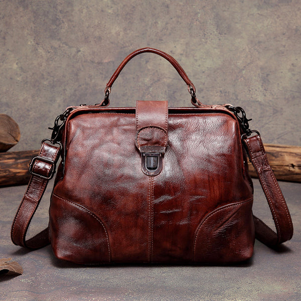 Vintage Womens Coffee Leather Doctor Handbag Purses - Back View