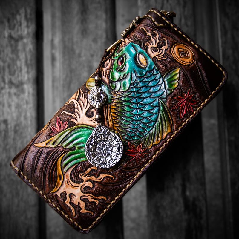 Leather Tooled Carp Mens Chain Wallets Biker Wallets Cool Leather Wallet Long Wallets for Men