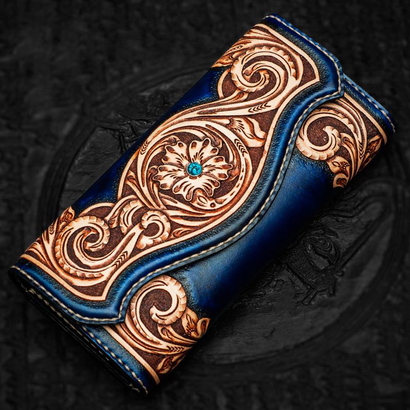 Handmade Leather Men Tooled Blue Floral Cool Leather Wallet Long Phone Clutch Wallets for Men