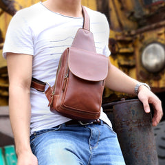 Genuine Leather Mens Cool Chest Bag Brown Sling Bag One Shoulder Backpack for men