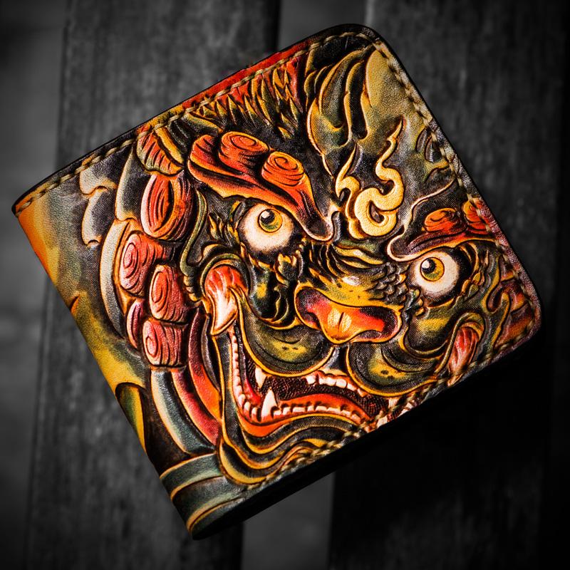 Handmade Leather Chinese Lion Tooled Mens Small Wallet Cool Leather Wallet billfold Wallet for Men