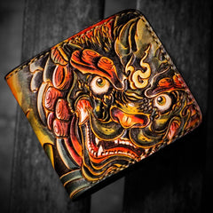 Handmade Leather Chinese Lion Tooled Mens Small Wallet Cool Leather Wallet billfold Wallet for Men