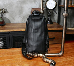 Black Leather Mens Sling Bag Sling Chest Bag Sling One SHoulder Backpack for men