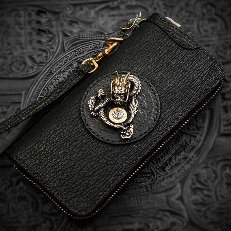 Handmade Leather Black Sharkskin Chain Wallet Mens Biker Wallet Cool Leather Wallet Long Phone Wallets for Men