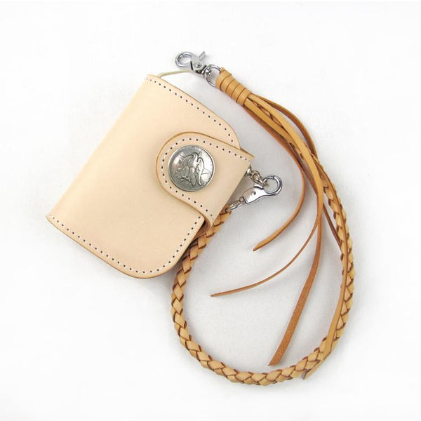 Natural beige vegetable tanned leather biker chain wallet with silver concho and braided chain