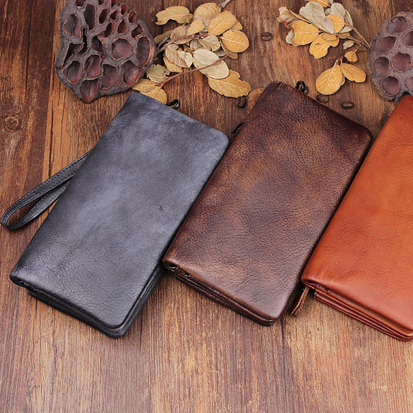 Handmade men long leather wallet clutch men bifold vintage gray brown long wallet for him - EverHandmade