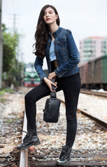 Cool Black Leather Mens Cool Sling Bag Black Crossbody Pack Chest Bag for men