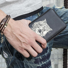 Handmade Leather Mens Cool Long Leather Wallet Bifold Clutch Wallet for Men