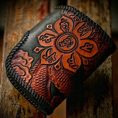 Handmade Leather Tooled Chinese Dragon Biker Wallet Mens Cool billfold Chain Wallet Trucker Wallet with Chain