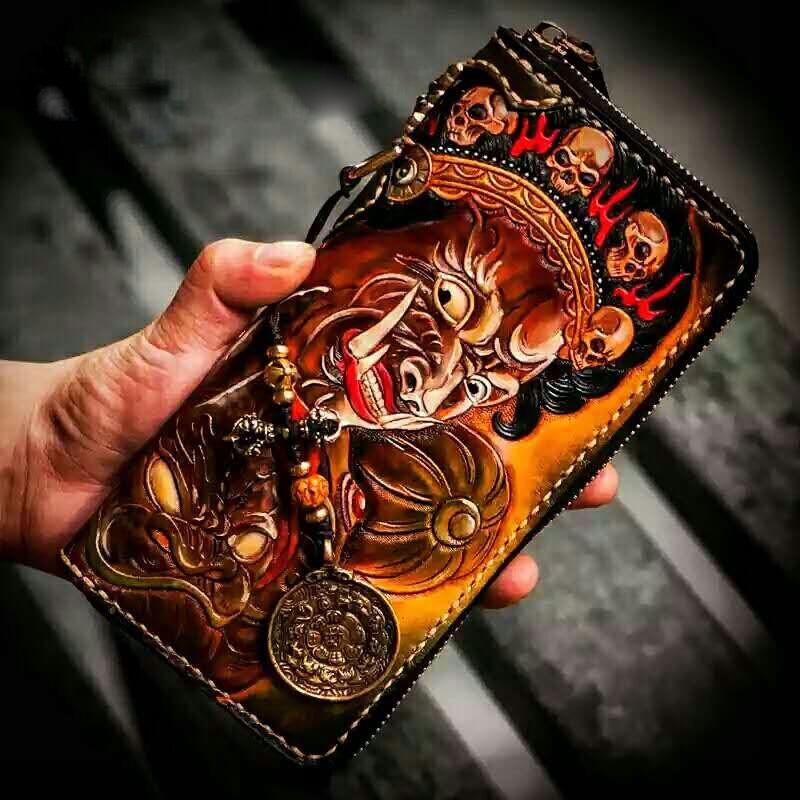 Handmade Leather Mahākāla Mens Tooled Chain Biker Wallet Cool Long Leather Wallet With Chain Wallets for Men