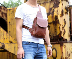 Genuine Leather Mens Cool Chest Bag Brown Sling Bag One Shoulder Backpack for men