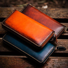 Handmade Leather Mens Cool Long Leather Wallets Zipper Clutch Wallets for Men