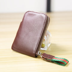 Women Leather Mini Zip Wallet Yellow Brown Billfold Slim Coin Wallet Small Zip Change Wallet For Women