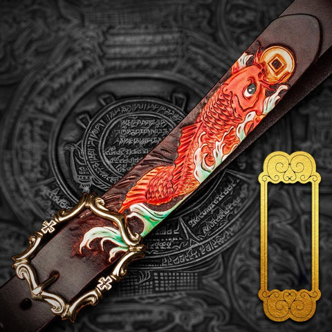 Handmade Leather Tooled Carp Mens Belt Cool Leather Men Belt for Men