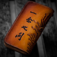Handmade Mens Long Leather Wallet Cool Buddha&Demon Tooled Wallet Long Zipper Wallets for Men
