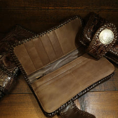 Handmade Leather Crocodile skin Biker Wallet Mens Cool Chain Wallet Trucker Wallet with Chain