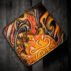 Handmade Leather Chinese Lion Tooled Mens Small Wallet Cool Leather Wallet billfold Wallet for Men