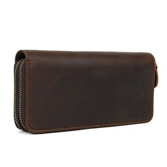 LEATHER MENS Wristlet Wallet Double Zipper Vintage Coffee Clutch FOR MEN