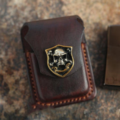 Cool Mens Leather Skull Zippo Lighter Cases with Loop Zippo lighter Holder with clips