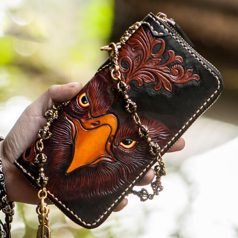 Handmade Leather Mens Tooled Eagle Chain Biker Wallet Cool Leather Wallet Long Clutch Wallets for Men