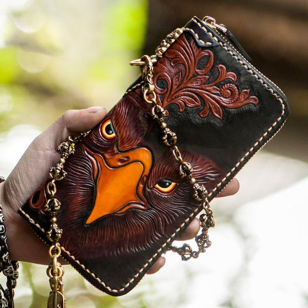 Handmade Leather Mens Tooled Eagle Chain Biker Wallet Cool Leather Wallet Long Clutch Wallets for Men