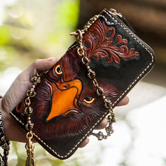 Handmade Leather Mens Tooled Eagle Chain Biker Wallet Cool Leather Wallet Long Clutch Wallets for Men