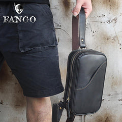 Genuine Black Leather Mens Cool Sling Pack Chest Bag Sling Bag Crossbody Pack for men