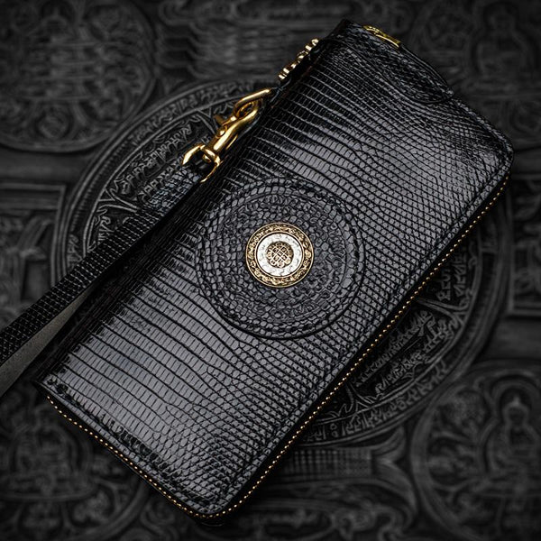 Handmade Leather Black LIZARD SKIN Chain Wallet Mens Biker Wallet Cool Leather Wallet Long Wallets for Men