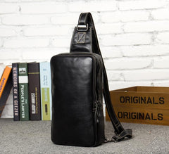 Cool Black Leather Mens Cool Sling Bag Black Crossbody Pack Chest Bag for men