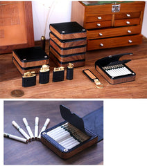 Handmade Wooden Black Leather Mens 20pcs Cigarette Case Cool Custom Cigarette Holder for Men