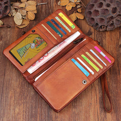 Handmade men long leather wallet clutch men bifold vintage gray brown long wallet for him - EverHandmade