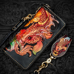 Handmade Leather Tooled Carp Mens Biker Chain Wallets Cool Leather Wallet Long Chain Wallets for Men