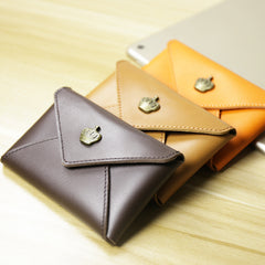 Slim Women Tan Leather Card Wallet Crown Minimalist Envelope Card Holder Wallet Coin Wallet For Women