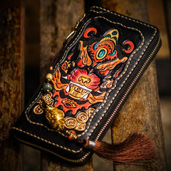 Handmade Leather Mens Tooled Monster Chain Biker Wallet Cool Leather Wallet Long Clutch Wallets for Men