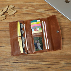 Leather Long Wallet for Men Trifold Brown Wallet