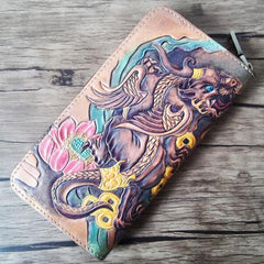 Handmade Leather Chinese Lion Tooled Mens Long Wallet Cool Leather Wallet Clutch Wallet for Men