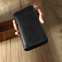Black Leather Mens Bifold Long Wallets Personalized Handmade Black Travel Leather Wallet for Men