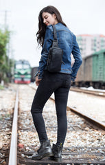 Cool Black Leather Mens Cool Sling Bag Black Crossbody Pack Chest Bag for men