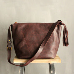Vintage LEATHER WOMEN Bucket Bag SHOULDER BAG Purse with Tassel FOR WOMEN
